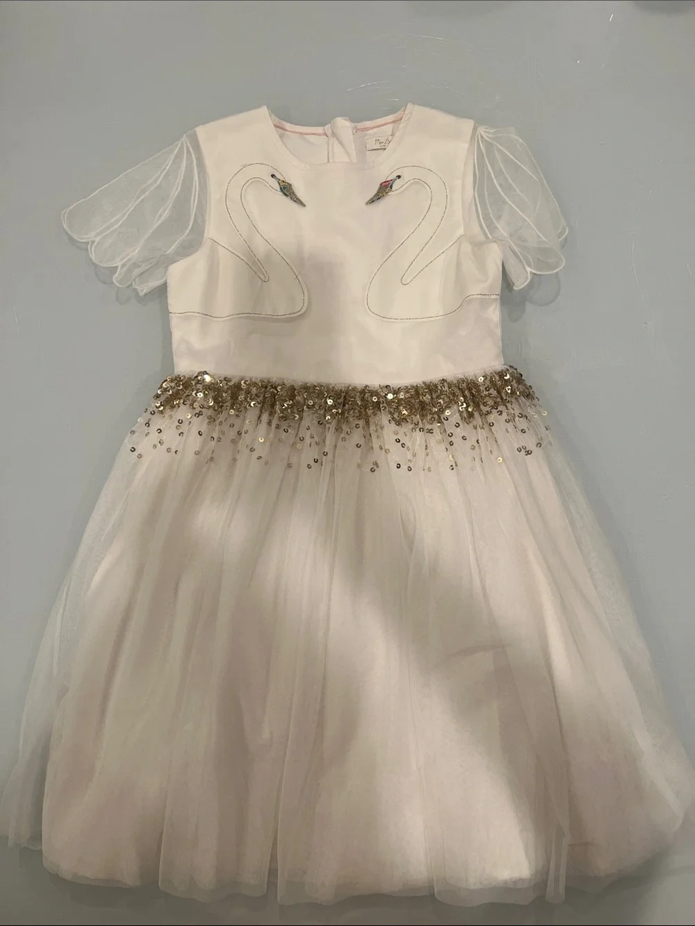 Mini Boden Swan 🦢 Embroidered Tulle Party Dress - White & Gold